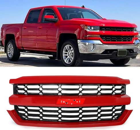 شبكة شواء أمامية على شكل قرص العسل متوافقة مع 2016 2017 2018 تشيفي سيلفرادو 1500 LS نموذج بيك اب أحمر حار + غطاء شبكات المصد الأمامي مطلي باللون الأسود لاستبدال 84374385، 84602489، 84056776 in Kuwait