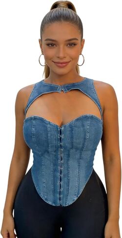 ZGMYC Women's Sexy Sleeveless Denim Corset Top Hollow Out Overbust Bustier Jean Cami Top Body Shaper Clubwear in Saudi Arabia