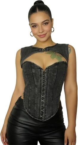 ZGMYC Women's Sexy Sleeveless Denim Corset Top Hollow Out Overbust Bustier Jean Cami Top Body Shaper Clubwear in Kuwait