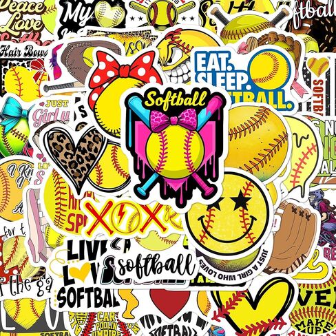 BEATRI Softball Stickers 50pcs Cute Motivational Vinyl Waterproof Stickers for Water Bottles,Helmets, Luggage, Softball Party Favors Softball Gifts for Girls Teens and Adults in Kuwait