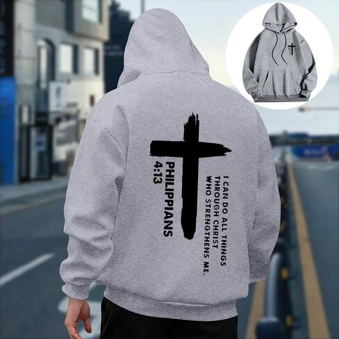 I Can Do All Things Through Christ Front & Back Cross Print Pullover Hoodie Plus Size Unisex Pullover Sweatshirts in Saudi Arabia