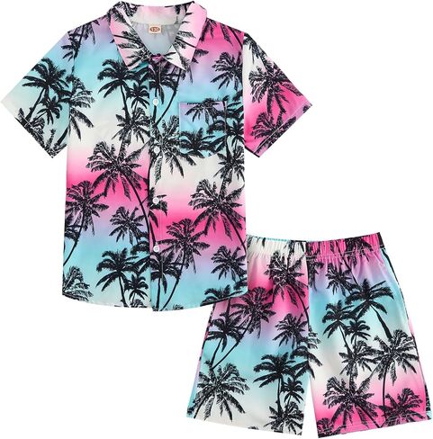 JiAmy Boys 2 Pcs Hawaiian Outfit Button Down Short Sleeve Shirt and Shorts Set with Pockets 4-12Y in Kuwait