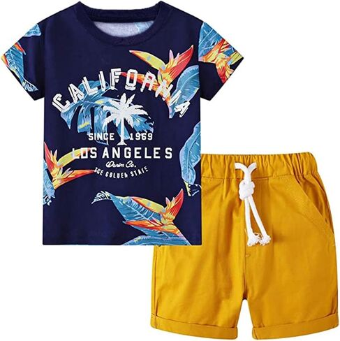 Boys' Two-Piece Summer Set, Cotton Coconut Tree T-Shirt And Solid Color Elastic Shorts, Sizes 2-7 Years Old in Saudi Arabia