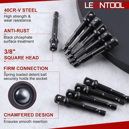 3/8" Impact Adapter Square Socket Bit, 10PCS 1/4" Hex to 3/8" Drive Drill Socket Adapter, Impact Socket Adapter Set for Impact Driver, Extension Socket Driver Bits for Automotive DIY, Black in Saudi Arabia