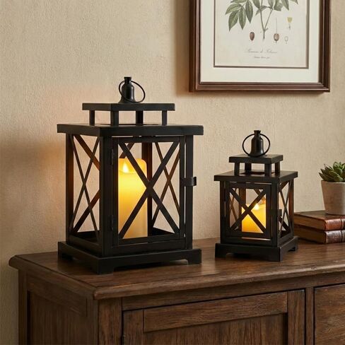 JHY DESIGN 2-Pack Vintage Metal Decorative Lantern 12.5" & 9" H Hanging Lantern with Flickering LED Pillar Candles for Garden Living Room Indoor Outdoor Parties Weddings Balcony(Black) in Kuwait