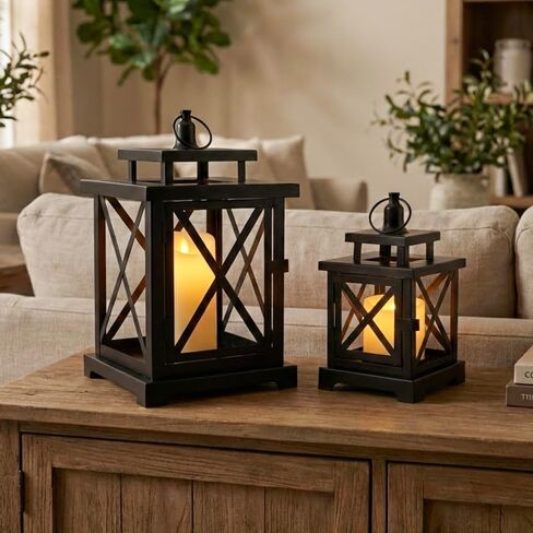 JHY DESIGN 2-Pack Vintage Metal Decorative Lantern 12.5" & 9" H Hanging Lantern with Flickering LED Pillar Candles for Garden Living Room Indoor Outdoor Parties Weddings Balcony(Black) in Kuwait