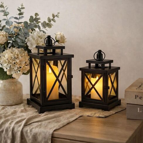 JHY DESIGN 2-Pack Vintage Metal Decorative Lantern 12.5" & 9" H Hanging Lantern with Flickering LED Pillar Candles for Garden Living Room Indoor Outdoor Parties Weddings Balcony(Black) in Kuwait
