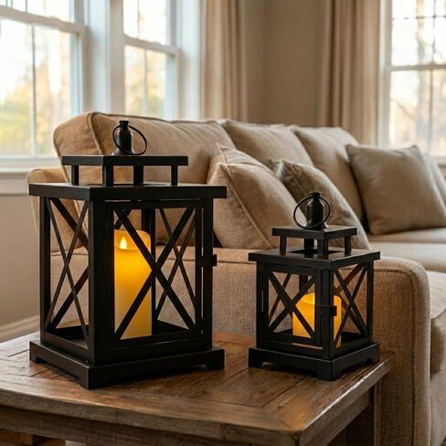 JHY DESIGN 2-Pack Vintage Metal Decorative Lantern 12.5" & 9" H Hanging Lantern with Flickering LED Pillar Candles for Garden Living Room Indoor Outdoor Parties Weddings Balcony(Black) in Kuwait