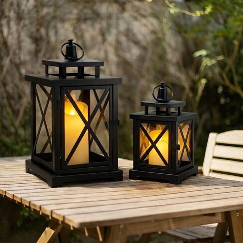 JHY DESIGN 2-Pack Vintage Metal Decorative Lantern 12.5" & 9" H Hanging Lantern with Flickering LED Pillar Candles for Garden Living Room Indoor Outdoor Parties Weddings Balcony(Black) in Kuwait