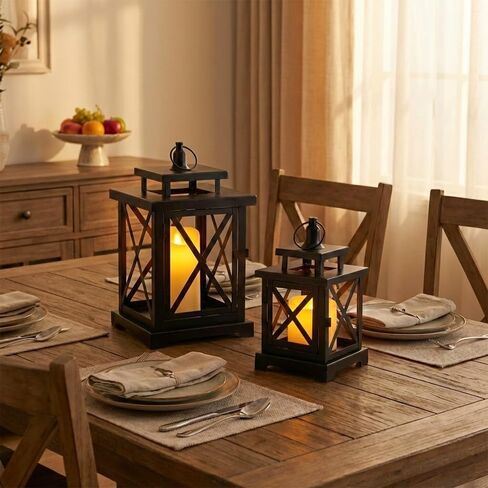 JHY DESIGN 2-Pack Vintage Metal Decorative Lantern 12.5" & 9" H Hanging Lantern with Flickering LED Pillar Candles for Garden Living Room Indoor Outdoor Parties Weddings Balcony(Black) in Kuwait
