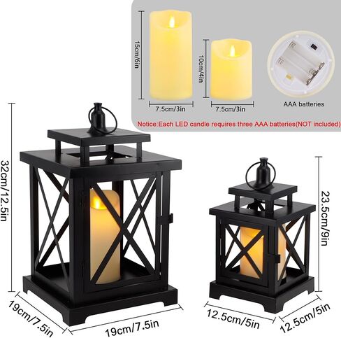 JHY DESIGN 2-Pack Vintage Metal Decorative Lantern 12.5" & 9" H Hanging Lantern with Flickering LED Pillar Candles for Garden Living Room Indoor Outdoor Parties Weddings Balcony(Black) in Kuwait
