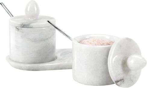 Marble Salt Cellar With lid & Spoon White 4" Inches Handmade Set Of 2 Salt Holder With Tray, Salt & Pepper Containers, Salt Cellar - Salt Holder With Lid, Salt Box in Saudi Arabia