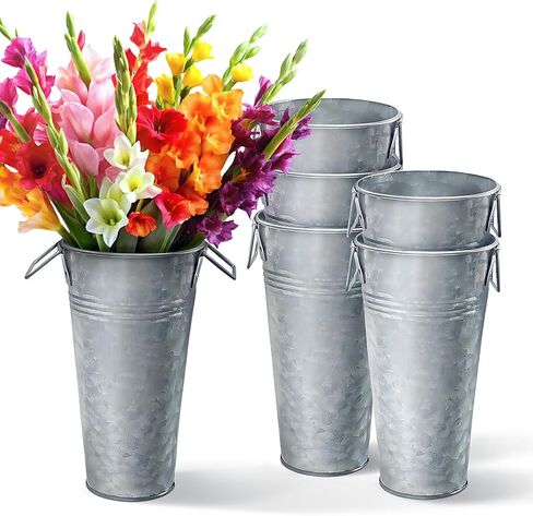 مزهرية معدنية طويلة من بليكسون للزهور، حاوية زهور معدنية بمقابض، مزهريات من الصفيح الفرنسي لبيت المزرعة للزهور مثالية لديكور المنزل في دلو لامع، فولاذ مجلفن، مجموعة من 6 قطع in Kuwait