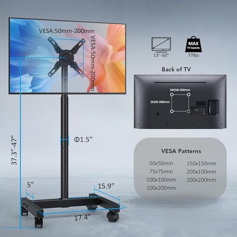 AX WABER Mobile TV Floor Stand for 13-50 inch LCD LED Flat/Curved Panel Screen TVs up to 77 lbs, Height Adjustable TV Stand Mount with VESA 200x200, Portable TV Stand with Tilt Function AX1007TBM in Kuwait