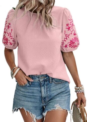 Chvity Womens Floral Embroidered Textured Tops Crewneck Puff Short Sleeve Casual Loose Solid Embroidery Blouses Shirts in Kuwait