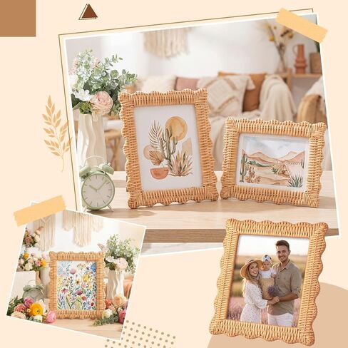 Fiwochic الروطان إطار الصورة 8 × 10 الخوص نسج بوهو إطار الصورة الروطان جدار ديكور منضدية عرض هدية - إطارات الصور صدفي لأمي النساء أصدقاء الأسرة ريفي مزرعة الساحلية in Kuwait