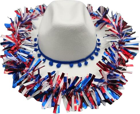 4th of July Cowgirl Hat Red White and Blue Tinsel Western Cap Independence Day Jazz Hat Patriotic Hats Parade for Women Men in Saudi Arabia