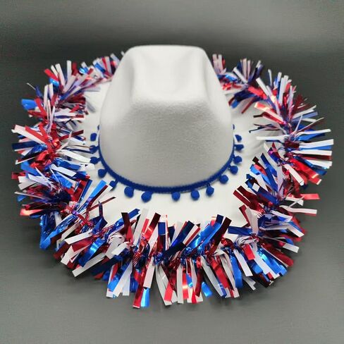 4th of July Cowgirl Hat Red White and Blue Tinsel Western Cap Independence Day Jazz Hat Patriotic Hats Parade for Women Men in Saudi Arabia