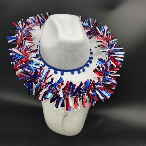 4th of July Cowgirl Hat Red White and Blue Tinsel Western Cap Independence Day Jazz Hat Patriotic Hats Parade for Women Men in Saudi Arabia