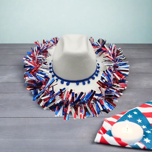 4th of July Cowgirl Hat Red White and Blue Tinsel Western Cap Independence Day Jazz Hat Patriotic Hats Parade for Women Men in Saudi Arabia