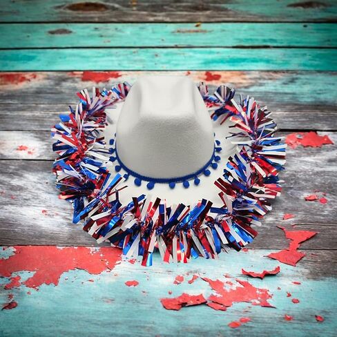 4th of July Cowgirl Hat Red White and Blue Tinsel Western Cap Independence Day Jazz Hat Patriotic Hats Parade for Women Men in Saudi Arabia