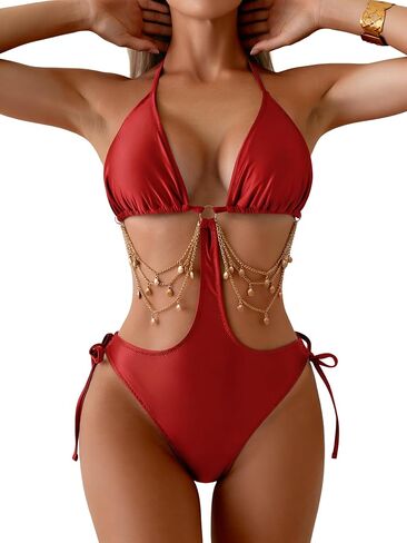 Women's Sexy One Piece Swimsuit Tie Side Cutout Bathing Suit Halter Neck Backless Swimwear Shiny Monokini in Kuwait
