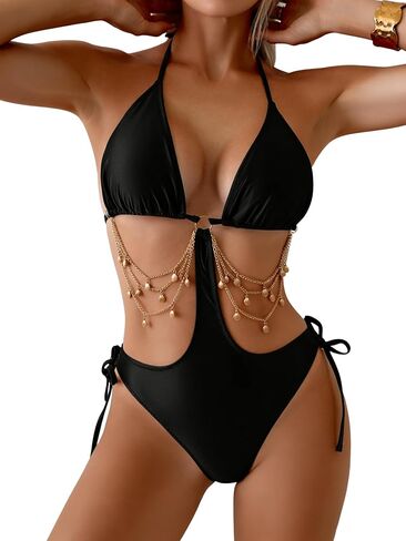 Women's Sexy One Piece Swimsuit Tie Side Cutout Bathing Suit Halter Neck Backless Swimwear Shiny Monokini in Saudi Arabia