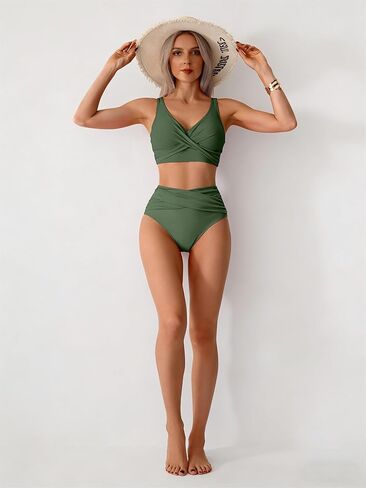Women's High-Waisted Bikini Set - Cross Front Top with Ruched Bottom for Pool and Beach Activities in Saudi Arabia