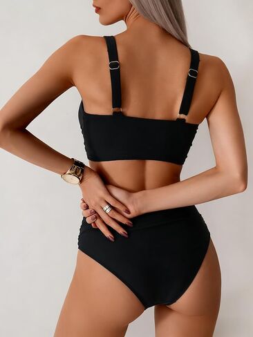 Women's High-Waisted Bikini Set - Cross Front Top with Ruched Bottom for Pool and Beach Activities in Saudi Arabia