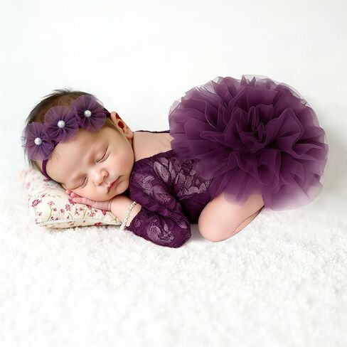 Ylsteed Newborn Girl Photoshoot Outfits Lace Newborn Photography Outfits Girl Photo Props for Newborn Girl Elastic Romper with Headband Baby Elegant Gorgeous Photography Outfit - Purple in Saudi Arabia