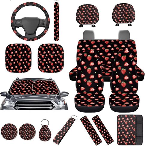 16 قطعة من أغطية مقاعد السيارة بالفراولة، مجموعة كاملة من مظلة السيارة السوداء للزجاج الأمامي غطاء عجلة القيادة التلقائي ومسند الذراع ووسادة مسند الرأس وأغطية حزام الأمان مع ملحقات الفاكهة وسلسلة المفاتيح in Kuwait