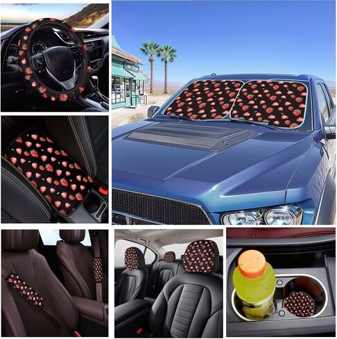 16 Pcs Strawberry Car Seat Covers Full Set Black Car Sunshade for Windshield Auto Steering Wheel Cover Armrest Cushion Head Rest Protector Seat Belt Covers with Keychain Fruit Accessories in Saudi Arabia