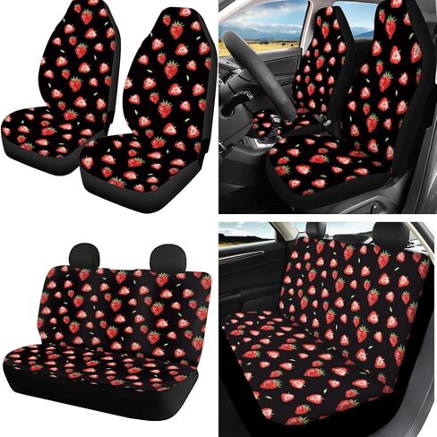 16 Pcs Strawberry Car Seat Covers Full Set Black Car Sunshade for Windshield Auto Steering Wheel Cover Armrest Cushion Head Rest Protector Seat Belt Covers with Keychain Fruit Accessories in Saudi Arabia