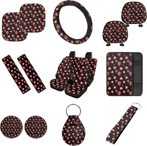 16 Pcs Strawberry Car Seat Covers Full Set Black Car Sunshade for Windshield Auto Steering Wheel Cover Armrest Cushion Head Rest Protector Seat Belt Covers with Keychain Fruit Accessories in Saudi Arabia