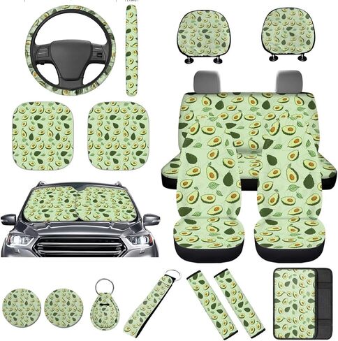 16 Pcs Strawberry Car Seat Covers Full Set Black Car Sunshade for Windshield Auto Steering Wheel Cover Armrest Cushion Head Rest Protector Seat Belt Covers with Keychain Fruit Accessories in Saudi Arabia
