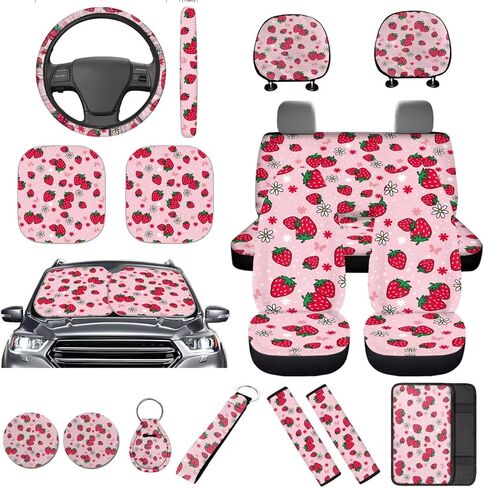 16 Pcs Strawberry Car Seat Covers Full Set Black Car Sunshade for Windshield Auto Steering Wheel Cover Armrest Cushion Head Rest Protector Seat Belt Covers with Keychain Fruit Accessories in Saudi Arabia