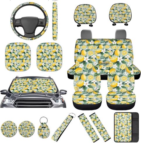 16 Pcs Strawberry Car Seat Covers Full Set Black Car Sunshade for Windshield Auto Steering Wheel Cover Armrest Cushion Head Rest Protector Seat Belt Covers with Keychain Fruit Accessories in Saudi Arabia