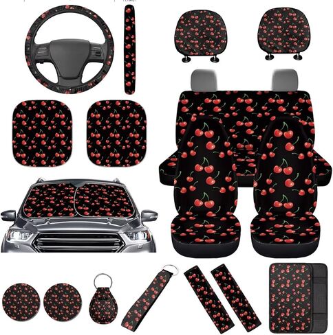 16 Pcs Strawberry Car Seat Covers Full Set Black Car Sunshade for Windshield Auto Steering Wheel Cover Armrest Cushion Head Rest Protector Seat Belt Covers with Keychain Fruit Accessories in Saudi Arabia