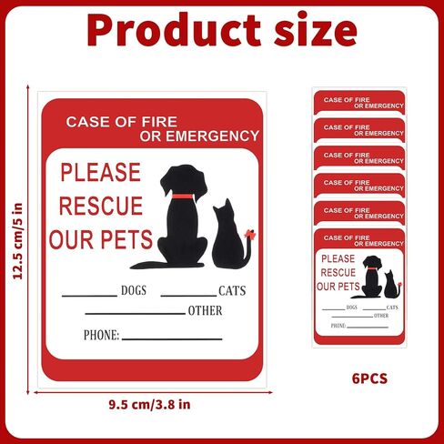 6 PCS Pet Alert Safety Fire Rescue Sticker, Pet Fire Rescue Sticker for Window and Car, in Case of Fires or Emergency Please Rescues Our Pets Stickers, 5x4 Inch in Kuwait