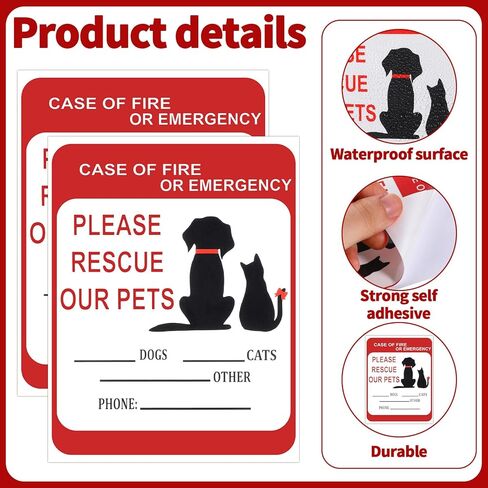 6 PCS Pet Alert Safety Fire Rescue Sticker, Pet Fire Rescue Sticker for Window and Car, in Case of Fires or Emergency Please Rescues Our Pets Stickers, 5x4 Inch in Kuwait