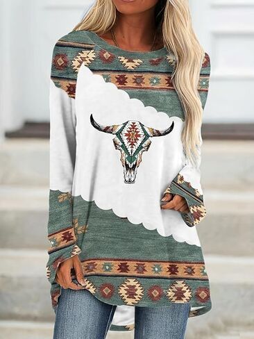Women Aztec Shirts Vintage Geometric Print Crewneck Casual Long Sleeve Ethnic Western Graphic Loose Tee Top for Lady Fashion in Saudi Arabia