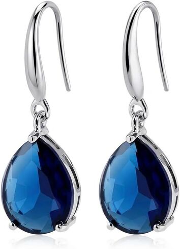 Blue Sapphire Teardrop Earrings for Women - Navy Blue Gemstone Dangle Earrings, Silver Tone Fashion Jewelry for Weddings, Prom & Daily Wear in Kuwait