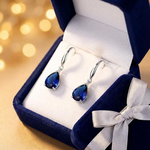 Blue Sapphire Teardrop Earrings for Women - Navy Blue Gemstone Dangle Earrings, Silver Tone Fashion Jewelry for Weddings, Prom & Daily Wear in Kuwait