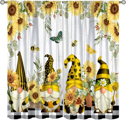 Farmhouse Sunflower Curtains, Cute Bee Gnomes Yellow Floral Farm Pattern Print Drapes for Bedroom Living Room Kitchen Window Treatments, 42x45 Inch in Saudi Arabia