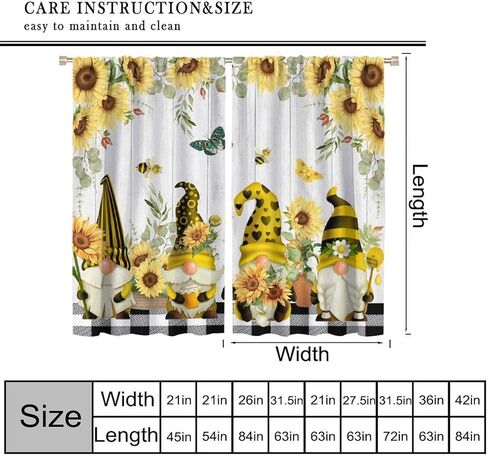 Farmhouse Sunflower Curtains, Cute Bee Gnomes Yellow Floral Farm Pattern Print Drapes for Bedroom Living Room Kitchen Window Treatments, 42x45 Inch in Saudi Arabia