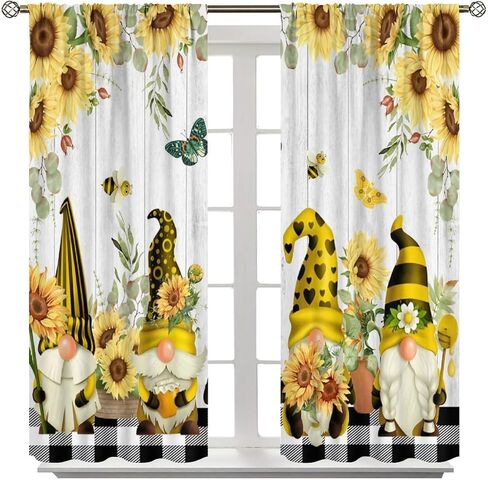 Farmhouse Sunflower Curtains, Cute Bee Gnomes Yellow Floral Farm Pattern Print Drapes for Bedroom Living Room Kitchen Window Treatments, 42x45 Inch in Saudi Arabia