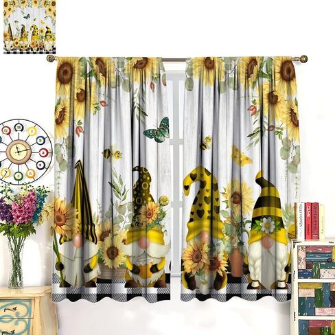 Farmhouse Sunflower Curtains, Cute Bee Gnomes Yellow Floral Farm Pattern Print Drapes for Bedroom Living Room Kitchen Window Treatments, 42x45 Inch in Saudi Arabia