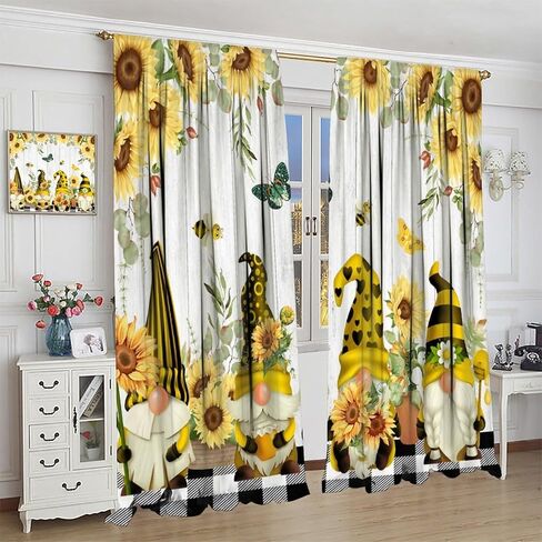 Farmhouse Sunflower Curtains, Cute Bee Gnomes Yellow Floral Farm Pattern Print Drapes for Bedroom Living Room Kitchen Window Treatments, 42x45 Inch in Saudi Arabia