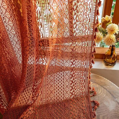 Terracotta Autumn Curtains for Bedroom Living Room Drapes Burnt Orange Sheer Curtains 84 Inches Long Rod Pocket Cotton Crochet Lace Boho Curtains 1 Panel Rustic Rust Light Filtering,Pumpkin in Kuwait