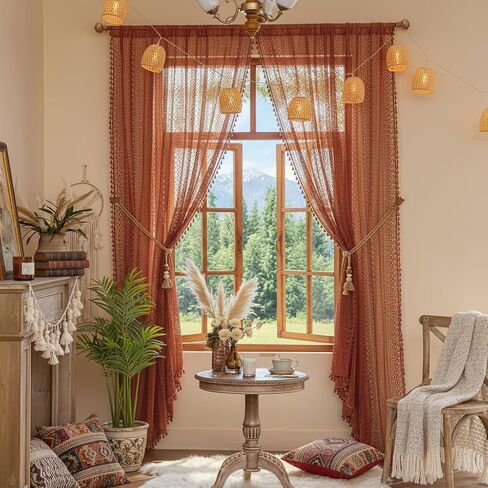 Terracotta Autumn Curtains for Bedroom Living Room Drapes Burnt Orange Sheer Curtains 84 Inches Long Rod Pocket Cotton Crochet Lace Boho Curtains 1 Panel Rustic Rust Light Filtering,Pumpkin in Kuwait
